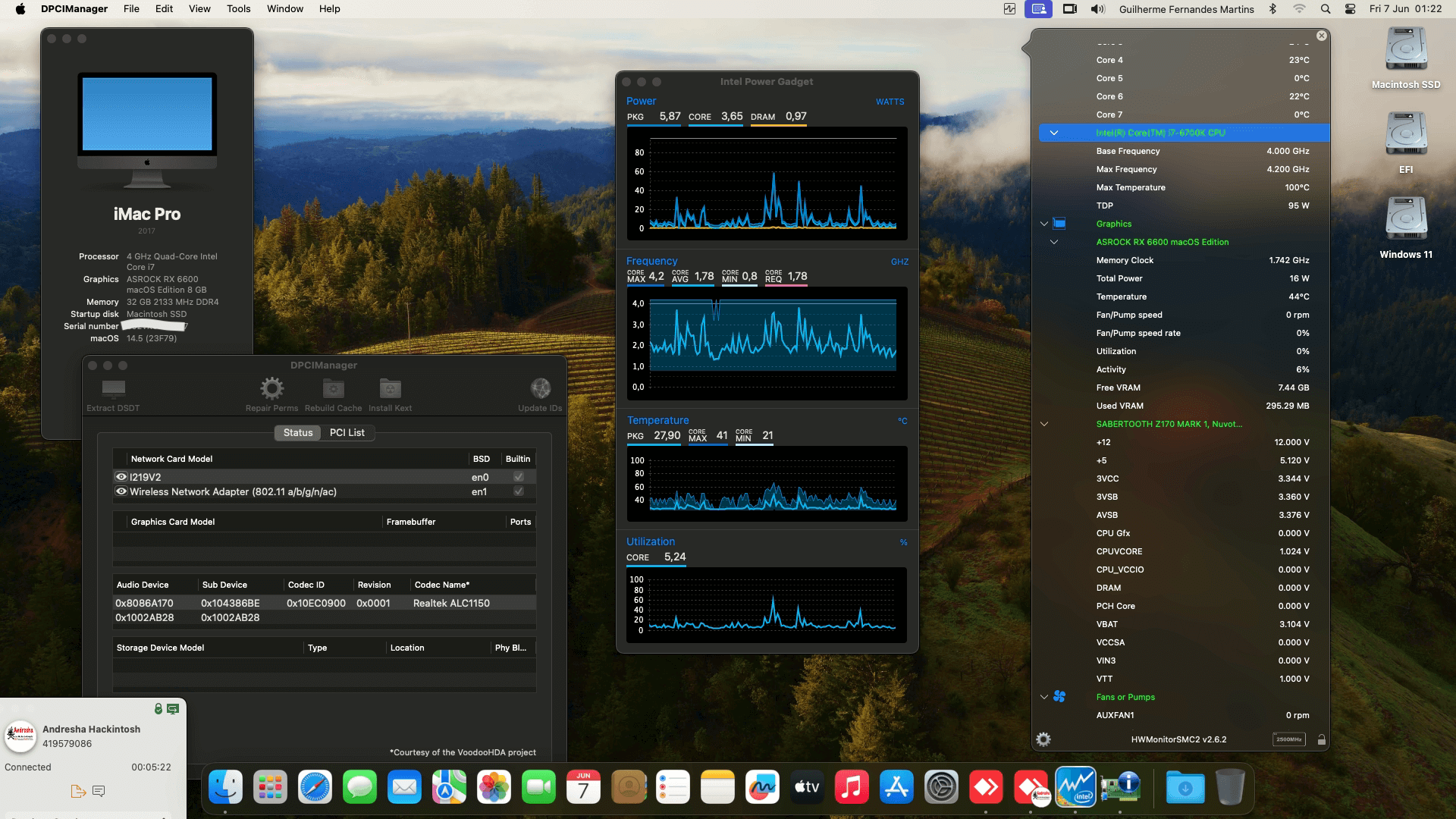 Success Hackintosh macOS Sonoma 14.5 Build 23F79 in Asus Sabertooth Z170 Mark 1 + Intel Core i7 6700K + Asrock RX 6600